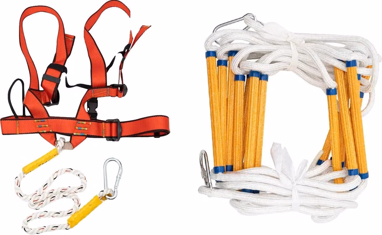 Scala antincendio, lunghezza 10 m, 3 ganci, portata 200 kg, bianco/giallo/blu, compresa imbracatura per mezzo corpo