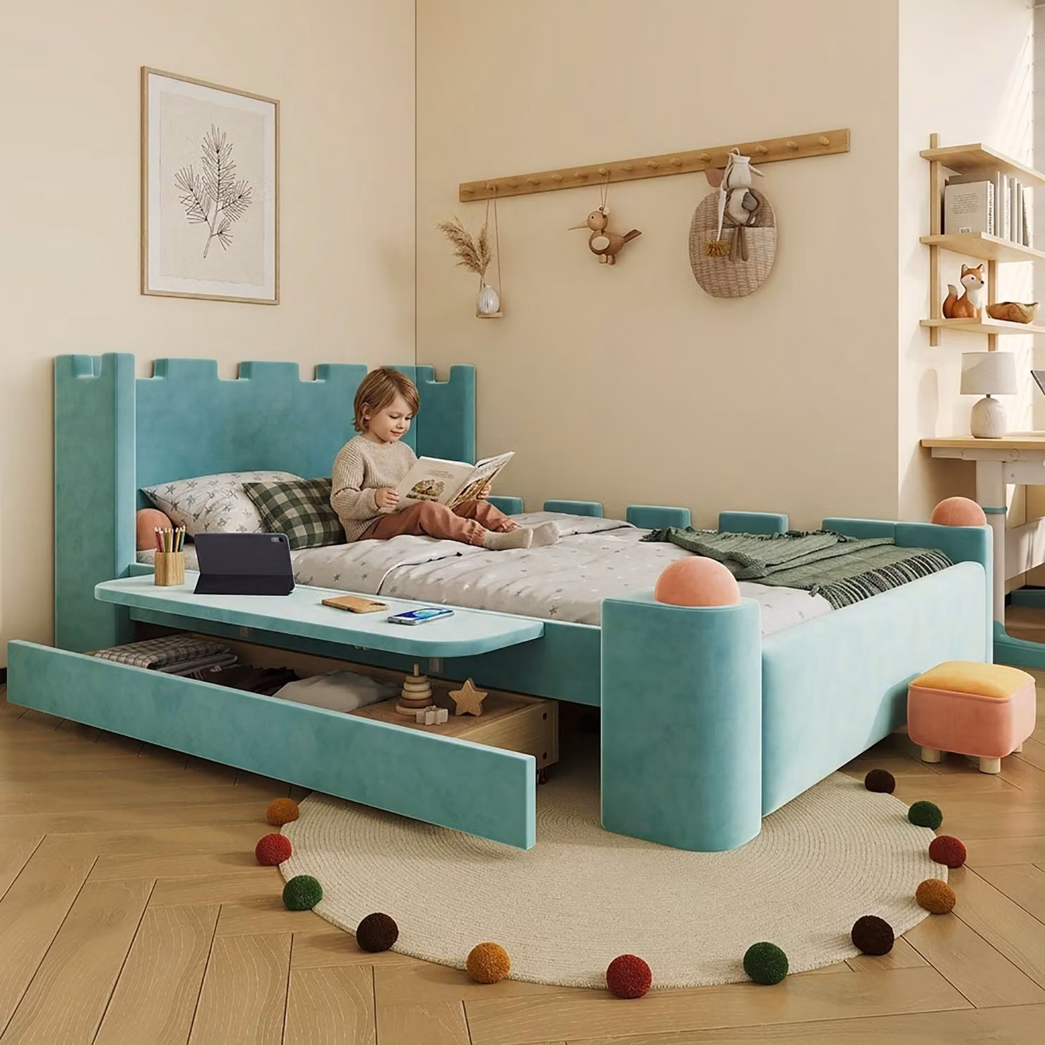 Letto per bambini Merax, modello imbottito 140x200 con design a castello, letto singolo in velluto con cassetto per riporre oggetti e ripiano pieghevole, bordi imbottiti, colore blu-verde