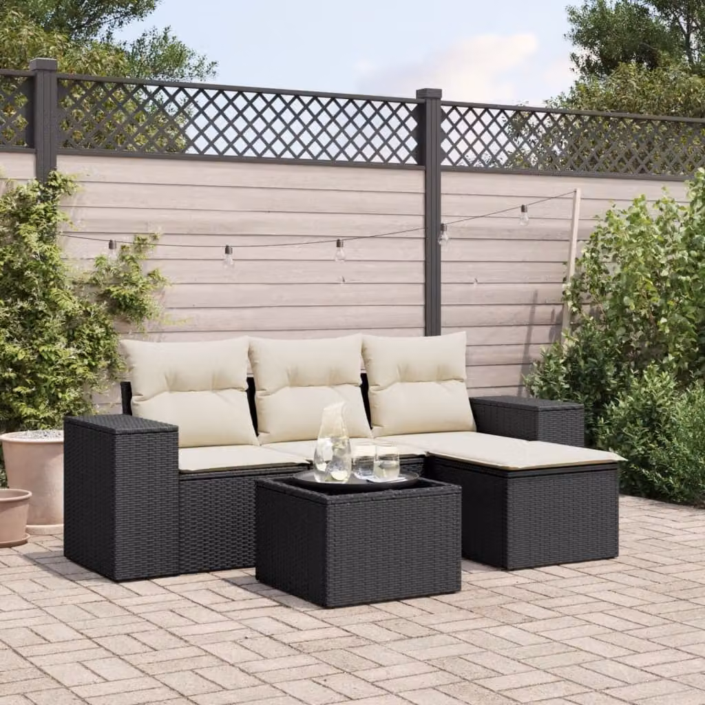 vidaXL Set Divani da Giardino a L 5 pz con Cuscini e Tavolino in Polyrattan Nero e Acciaio – 1