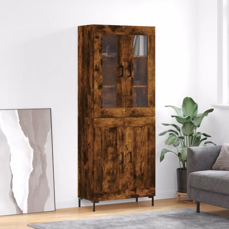 Credenza vidaXL in Rovere Fumo con Ante in Vetro e Legno, Stile Industrial, L/P/H: 69,5 x 34 x 180 cm
