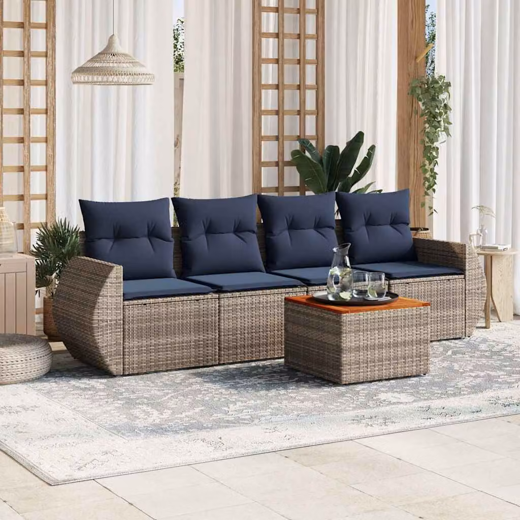 Set da giardino vidaXL in polyrattan grigio con cuscini, un divano a 3 posti, un divano a 2 posti e un tavolino da caffè per esterno