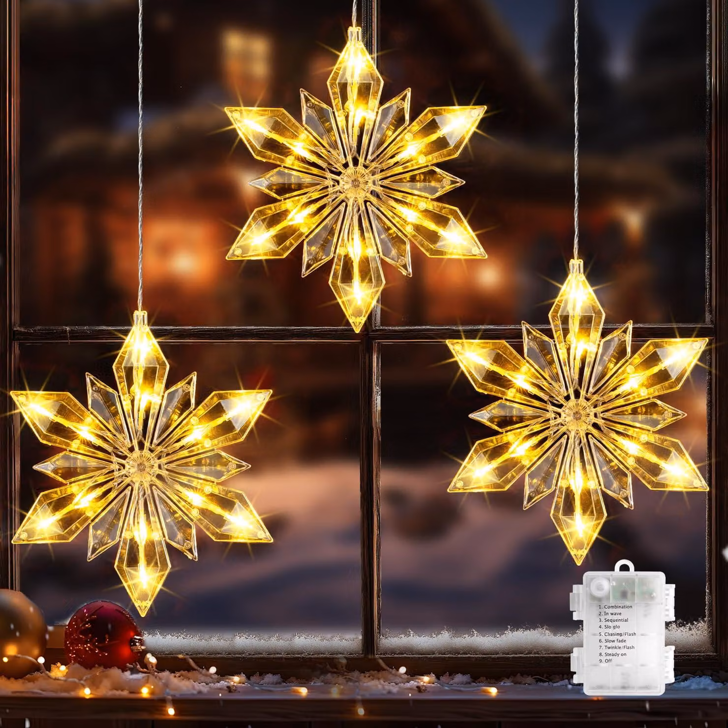 Catena luminosa a forma di fiocchi di neve, confezione da 3 pezzi, 108 LED, luce bianco caldo, grado di protezione IP44