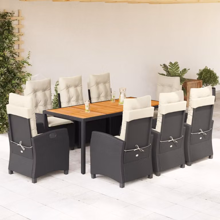Set da pranzo da giardino vidaXL in polyrattan e legno di acacia con cuscini, 9 pezzi, nero e bianco