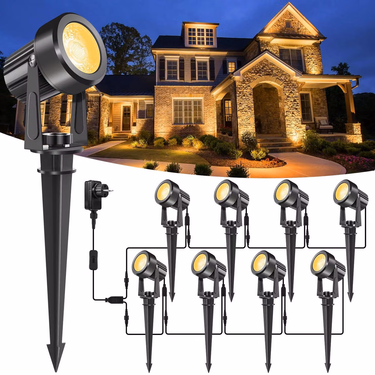 Illuminazione da giardino a LED, 3000K, con picchetto da terra, faretto da giardino orientabile a 270°