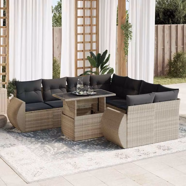 Set Divano da Giardino a L vidaXL 9pz con Cuscini Grigio con Tavolino e Struttura in Metallo e Polyrattan
