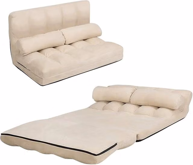 Divano Letto Pieghevole COSTWAY con Schienale Regolabile a 6 Livelli e 2 Cuscini, Ideale per Soggiorno o Camera da Letto, Beige