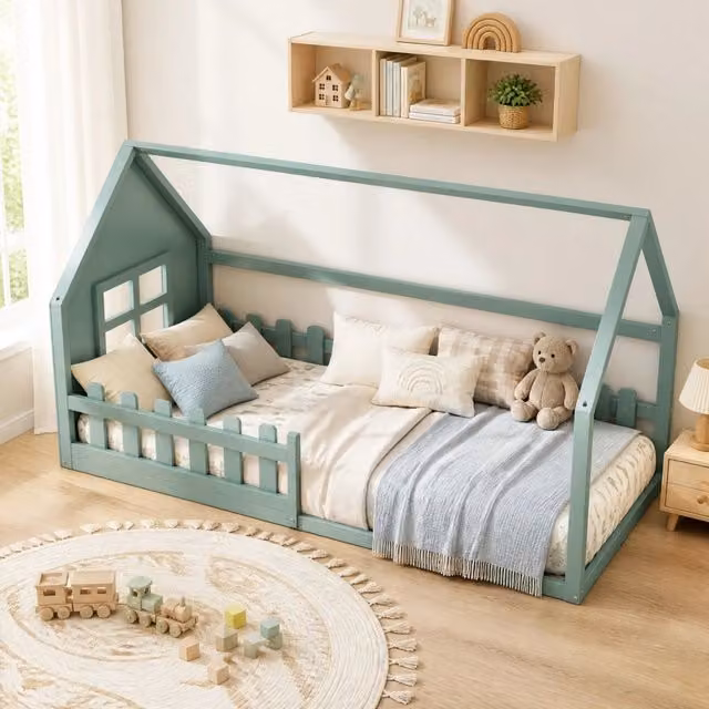 Letto per bambini 90x200 cm a forma di casetta in pino e MDF, colore verde