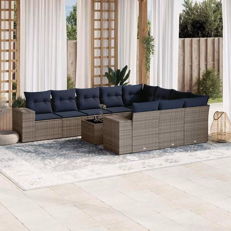 Set di divani da giardino vidaXL 11 pezzi in polyrattan con cuscini e tavolino da esterno, colore grigio e blu
