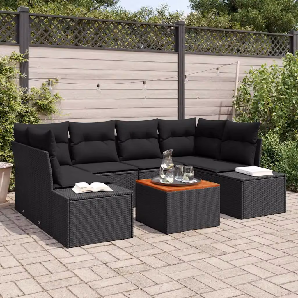 Set Divano da Giardino a L vidaXL 7 Pezzi Nero con Cuscini e Tavolino in Polyrattan e Acciaio – 1