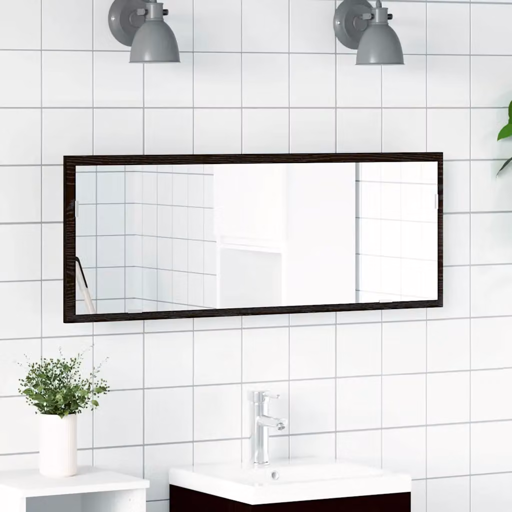 Specchio da bagno moderno vidaXL con luce LED in vetro e legno, colore nero e rovere, L: 100 cm, P: 8,5 cm, H: 37 cm