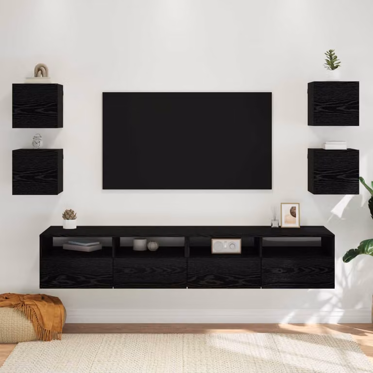 Mobile TV da parete vidaXL Rovere e Nero in legno ingegnerizzato con scomparti multimediali