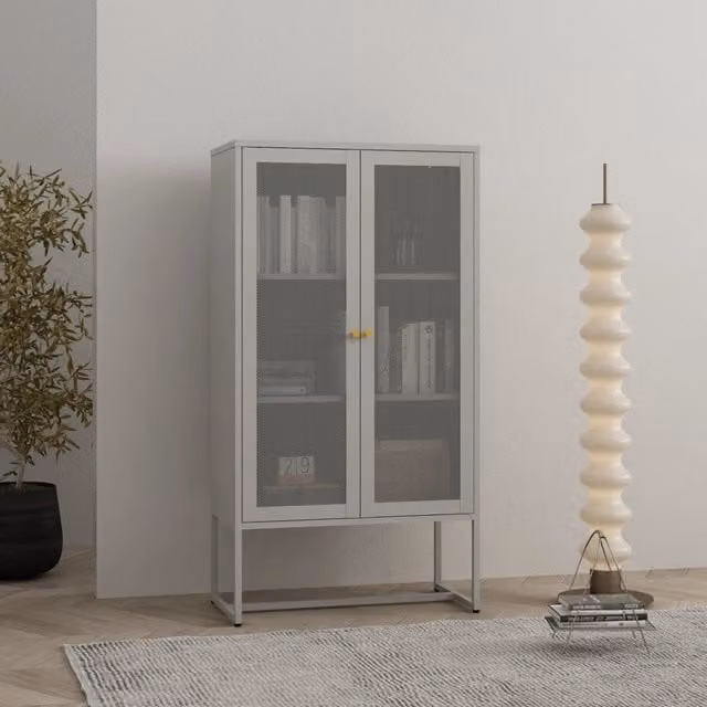 Armadio da stoccaggio Sund en.casa in metallo con ante a vetro, Grigio e Oro, H: 150 cm, L: 80 cm, P: 40 cm