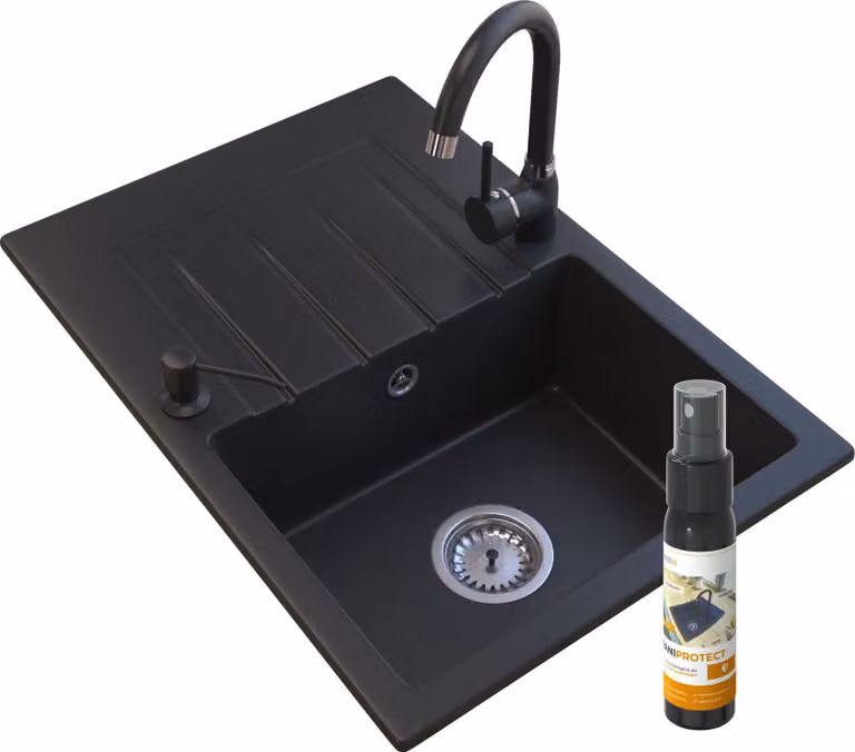 Granitan - Lavello in granito - Lavandino 64,7x45 cm - Lavello cucina nero - con miscelatore - STYL