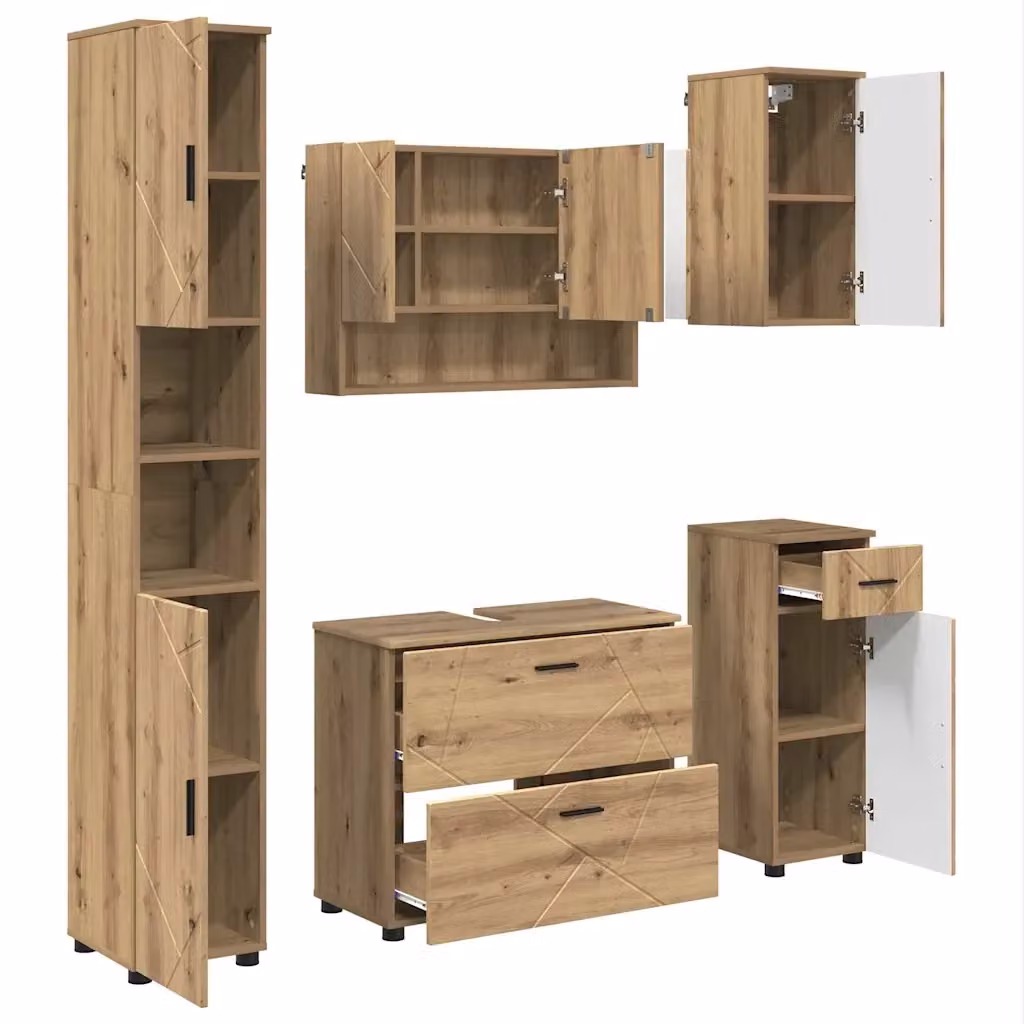 Set di mobili per il bagno moderno vidaXL in legno e metallo color rovere e nero, composto da mobile lavabo, armadietto con specchio, colonna alta e mobile laterale, H x L x P: 192 x 85,2 x 35 cm – 2