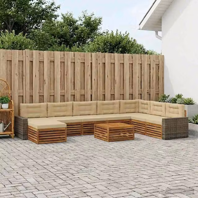 Set di divani da esterno a L vidaXL in legno di acacia oliato, 9 pezzi, Beige e Marrone con cuscini inclusi