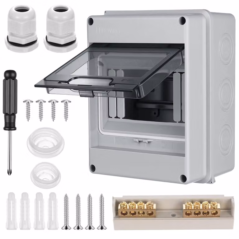 Quadro di distribuzione a 1 fila, 5 moduli, grado di protezione IP65, resistente all'acqua, con coperchio trasparente