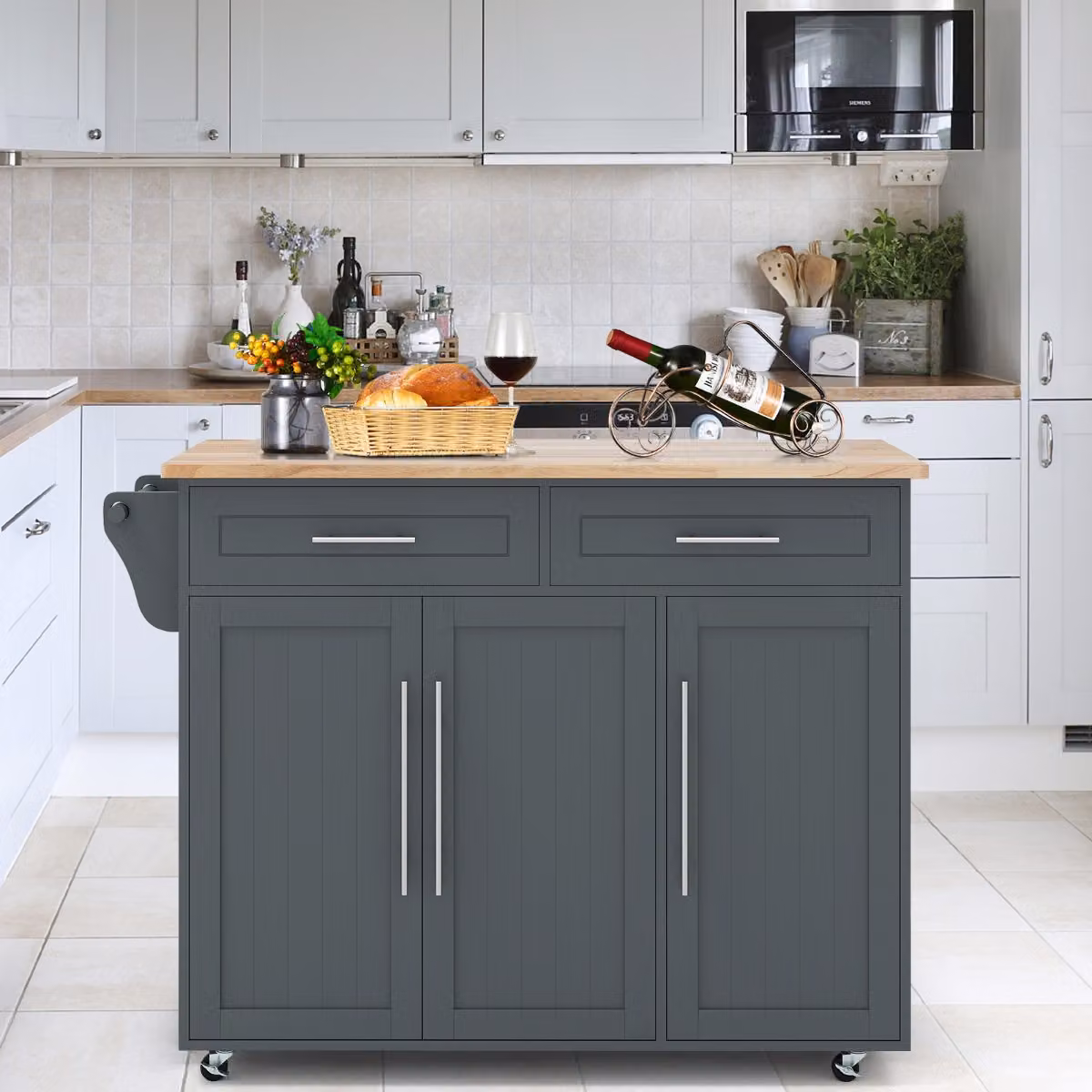 Carrello da cucina Costway in legno con 2 cassetti e ruote, Armadietto moderno Grigio, L 122 cm, P 45,5 cm, H 92,5 cm