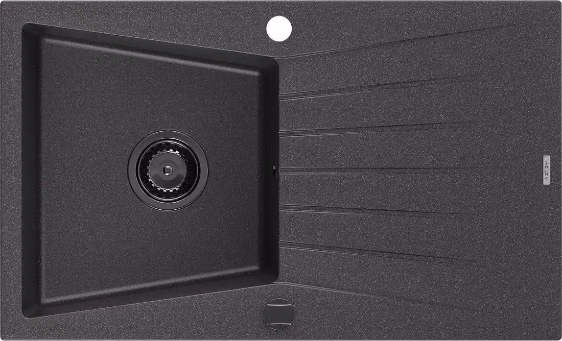 Mexen Cesar lavello in granito a 1 vasca con sgocciolatoio 775 x 470 mm, nero maculato, sifone nero - 6514771010-76-B