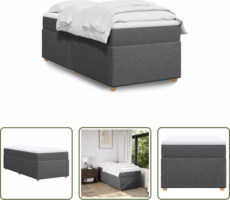 The Living Store Letto a molle con materasso grigio scuro 100x200 cm in tessuto