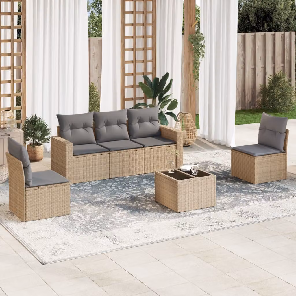 Set Divano da Giardino vidaXL 6 pz a Forma a L con Cuscini Beige e Tavolino in Vetro – 1