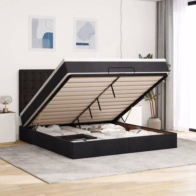 Letto con contenitore a sollevamento vidaXL in tessuto nero e bianco con materasso L 160 x P 200 cm