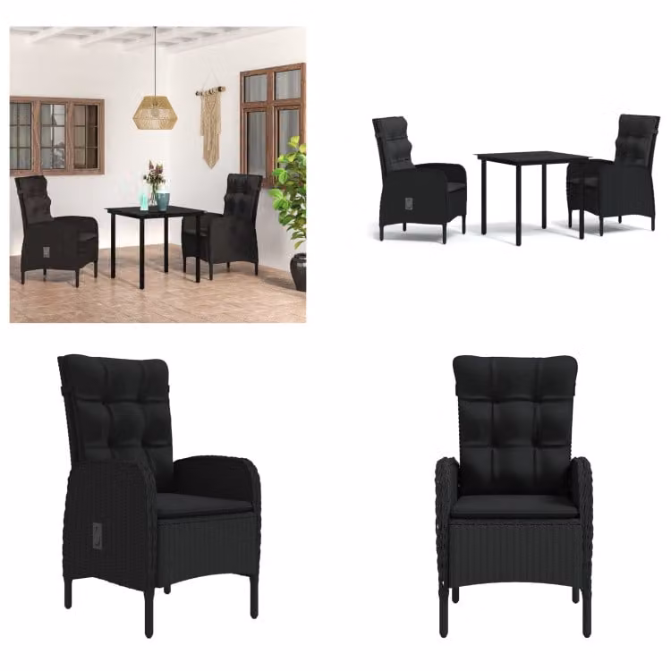 vidaXL Set da pranzo da giardino 3 pezzi con cuscini nero - Set da pranzo da giardino - Set da pranzo da giardino - Set di mobili da giardino - Set di mobili da giardino
