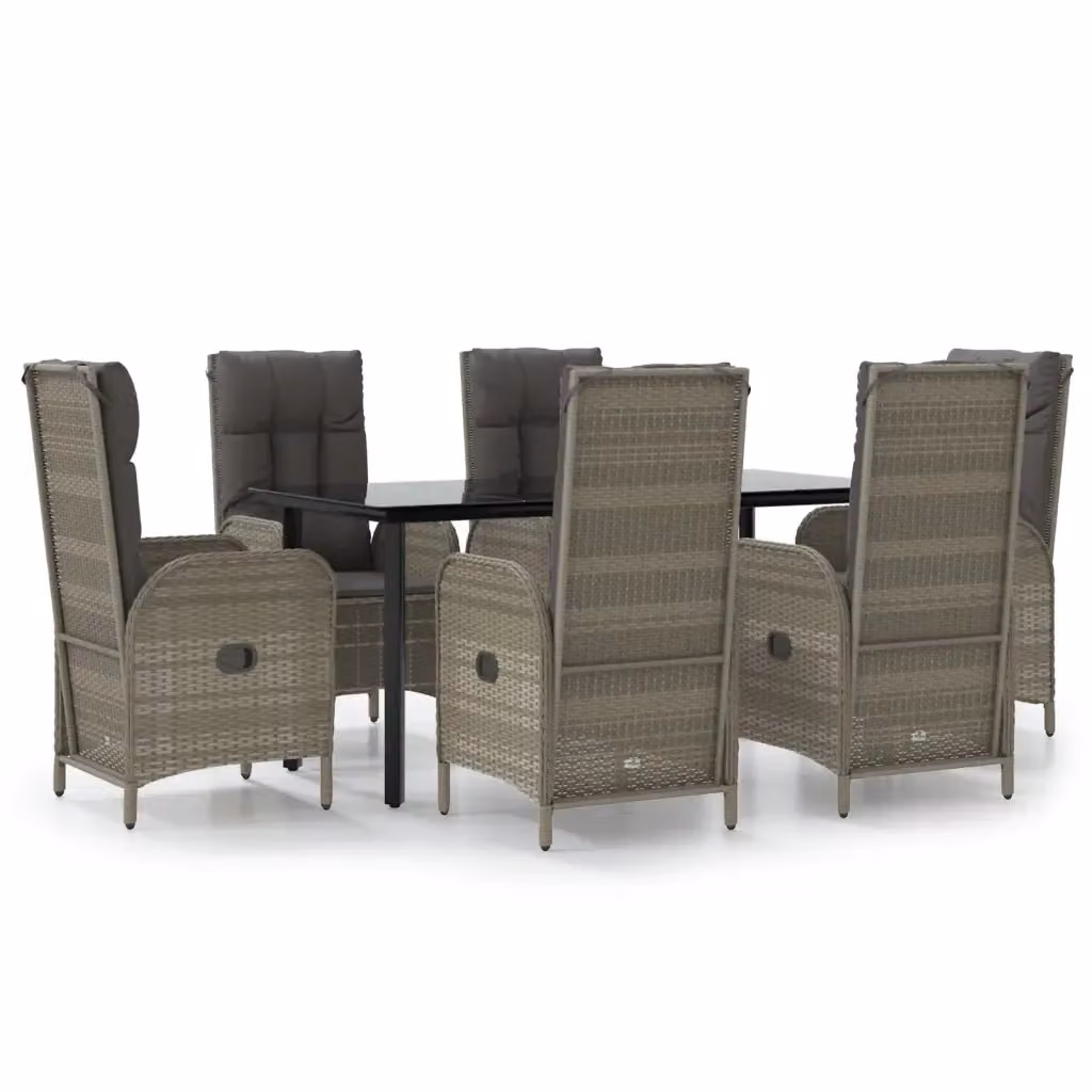 Set da Pranzo da Giardino Moderno vidaXL in Polyrattan con Piano in Vetro, 7 Pezzi, Nero e Grigio – 2