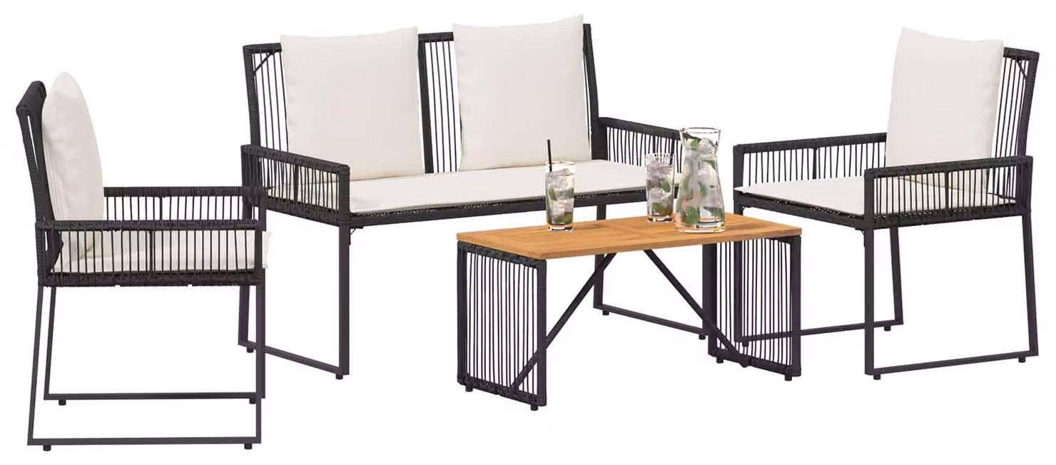 Set di Mobili da Esterno 4 pcs Nero e Bianco Crema polyrattan