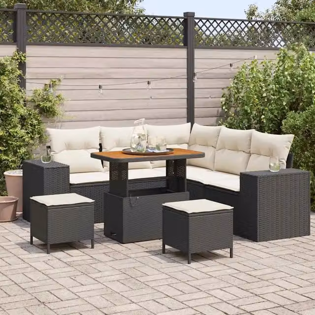 Set Divano da Giardino 8 pz 7-Numero di posti Nero e Crema 3363955