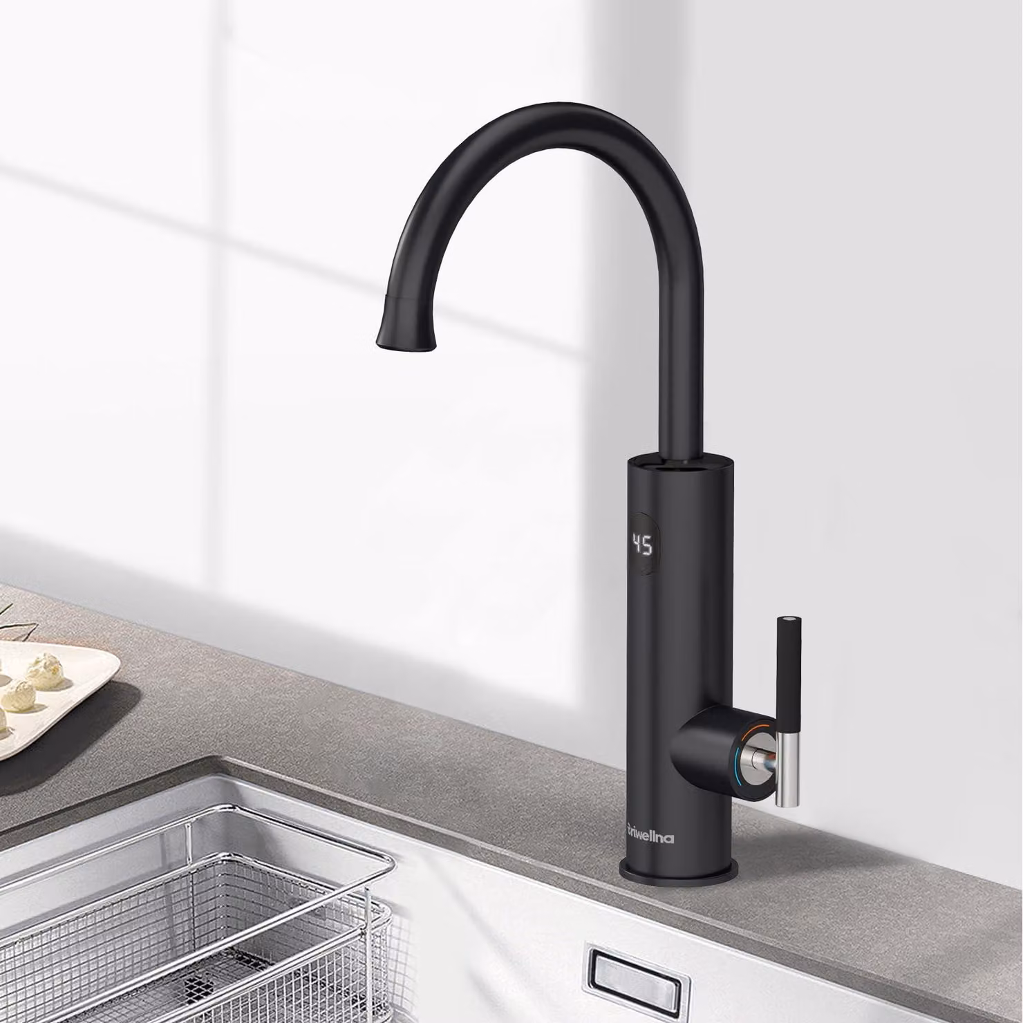Rubinetto da cucina elettrico, 3200 W, acciaio inossidabile, girevole a 360°, colore nero