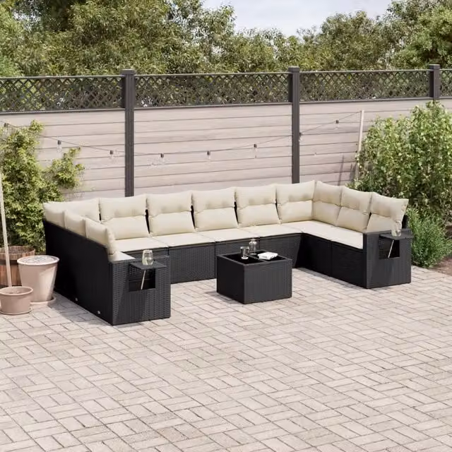 Set di Divani da Giardino vidaXL in Polyrattan Nero con Cuscini e Tavolino da Esterno a Forma di U composto da 11 Pezzi