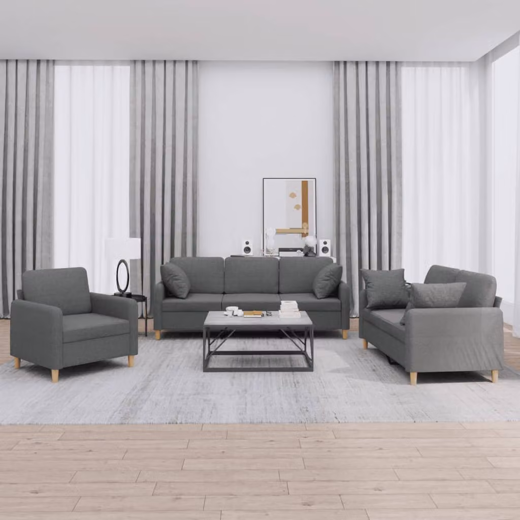 Set di divani 3 pezzi vidaXL in tessuto grigio con cuscini per soggiorno moderno – 1