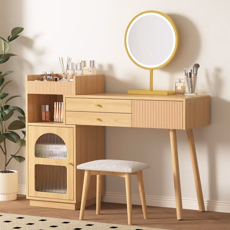 Comodino Merax con illuminazione a LED, luminosità regolabile, cassettiera per il trucco con 3 cassetti, mobiletto laterale, tavolino per cosmetici, natura