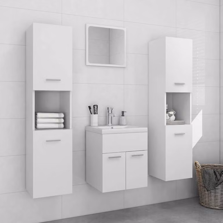 Set di mobili da bagno moderni vidaXL in legno e plastica bianco opaco composto da mobile lavabo, armadietto alto e specchio con L/P/H: 130 x 41 x 38,5 cm