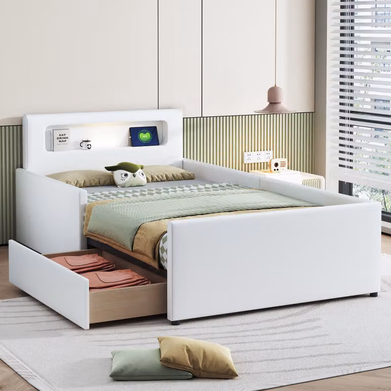 Letto imbottito per bambini 90x200 cm, Con luce notturna e connessione di ricarica USB, Con vani portaoggetti, Letto singolo, Bianco