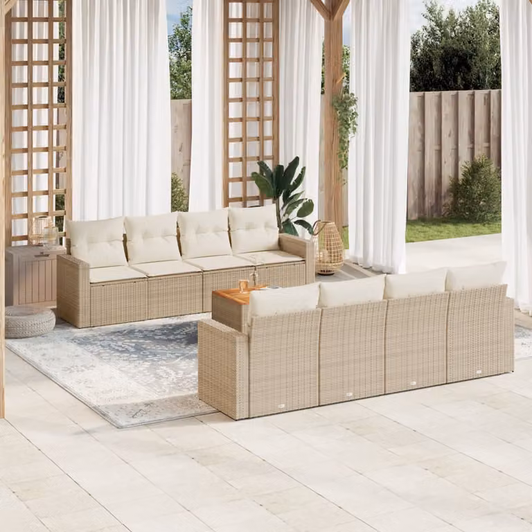 vidaXL Set Divano da Giardino 9 pz Moderno con Cuscini Beige e Tavolino, Struttura in Acciaio Verniciato a Polvere e Tessuto Resistente ai Raggi UV