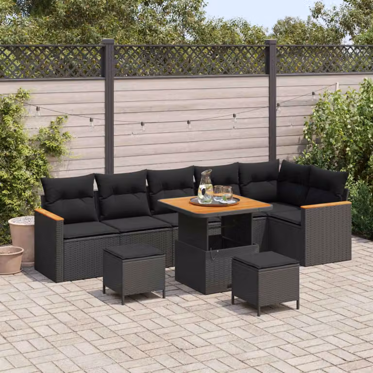 Set Divano da Giardino vidaXL 9 Pezzi Nero con Cuscini e Tavolino da Esterno in Rattan e Acciaio