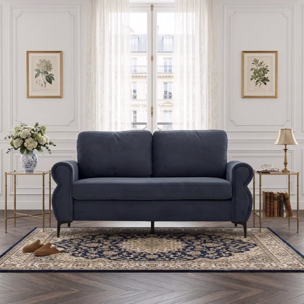 Divano moderno MIVRAY in tessuto grigio e blu con rivestimenti sfoderabili e struttura in legno e metallo per il tuo soggiorno – 2