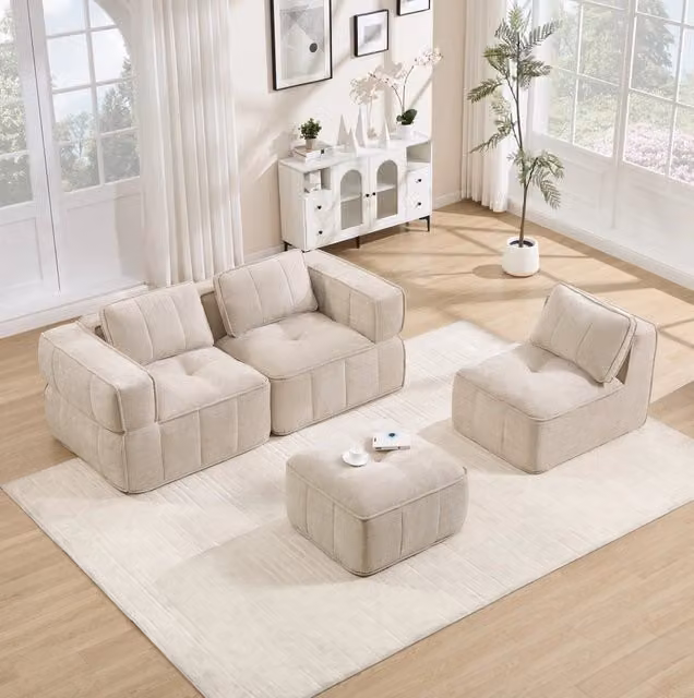 Divano modulare senza telaio in poliestere beige; schiuma 32D; 271 x 162 x 67 cm
