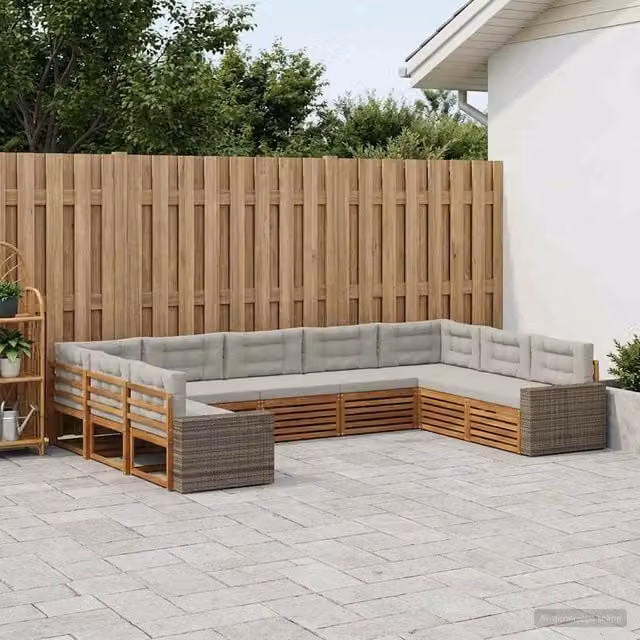 Set di divani da esterno a L vidaXL in legno di acacia con cuscini, beige e grigio