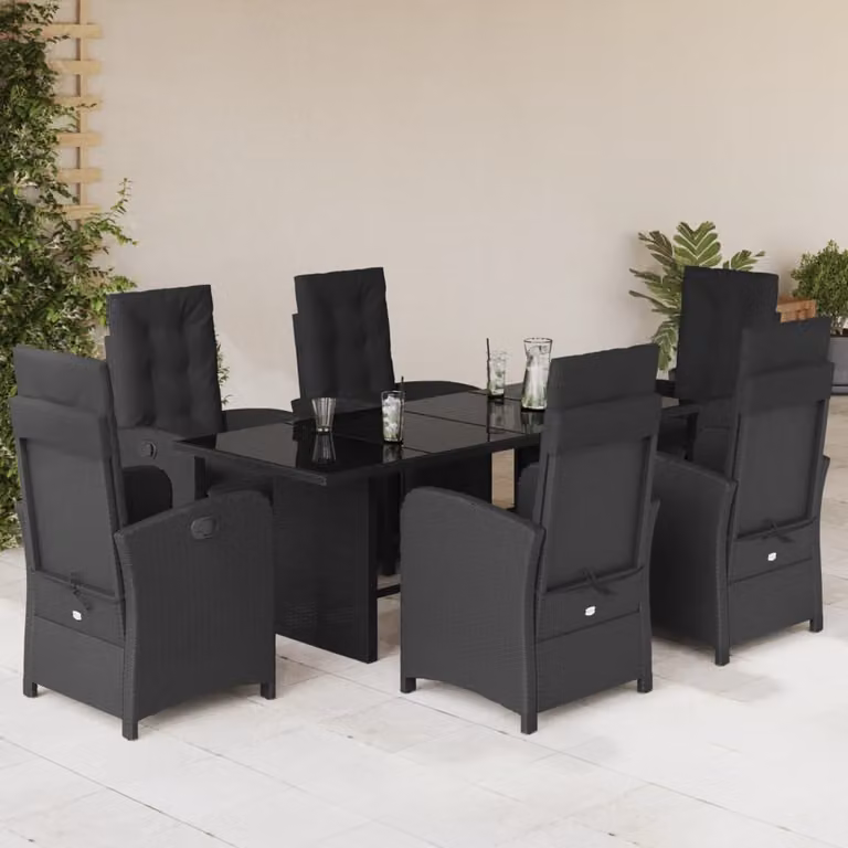 Set da Pranzo da Giardino vidaXL 7 pz in Polyrattan Nero con Cuscini e Tavolo in Vetro