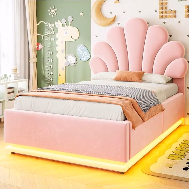 Letto imbottito 90x200 cm con contenitore e LED; in velluto rosa