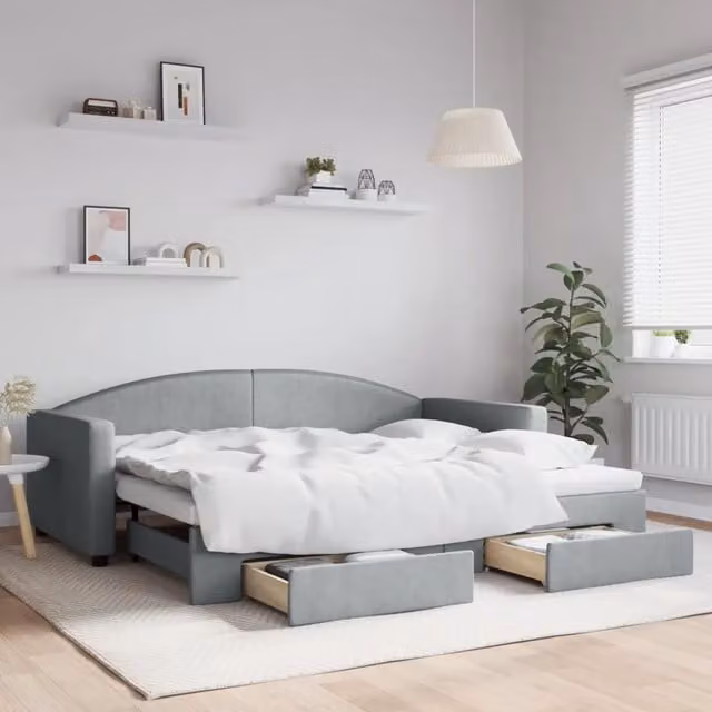 Divano Letto Estraibile Cassetti-Sofa Letto-Daybed Grigio Chiaro 90x200cm Tessuto 778721