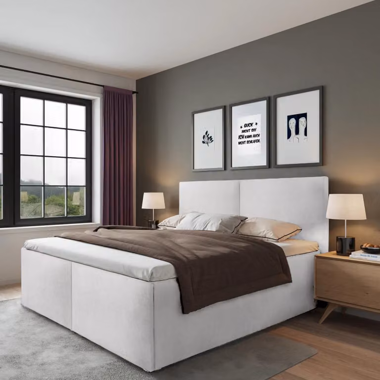 Letto imbottito Milano bianco 180 x 200 x 32 cm con contenitore, con materasso di alta qualità H3 (fino a 120 kg) e rete a doghe