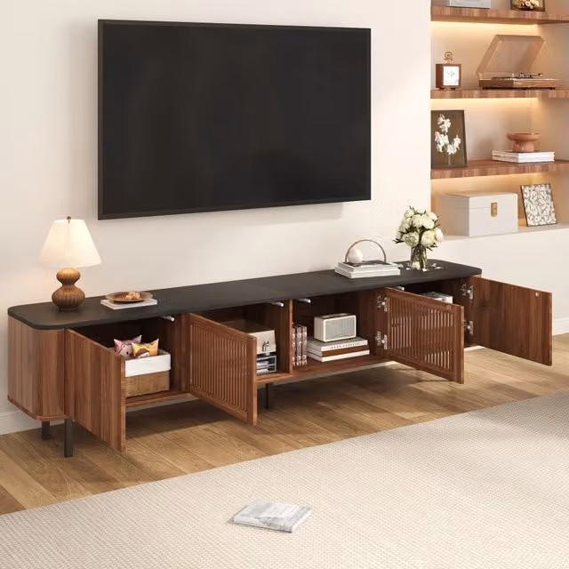 Mobile porta TV OKWISH in stile moderno con ante a griglia e vani contenitore, nero e noce, L/P/H: 190 x 35 x 45 cm