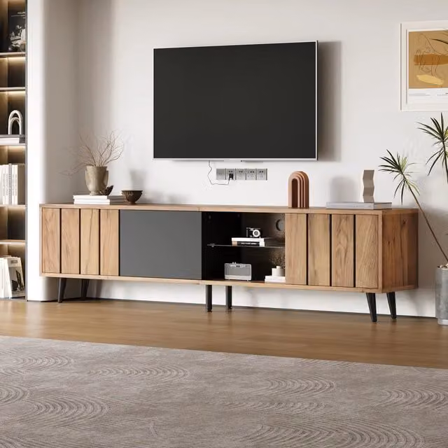 Desviae Mobile porta TV con 3 ante e ripiano semiaperto in vetro temperato, truciolare naturale e nero 175 × 31,5 × 45 cm