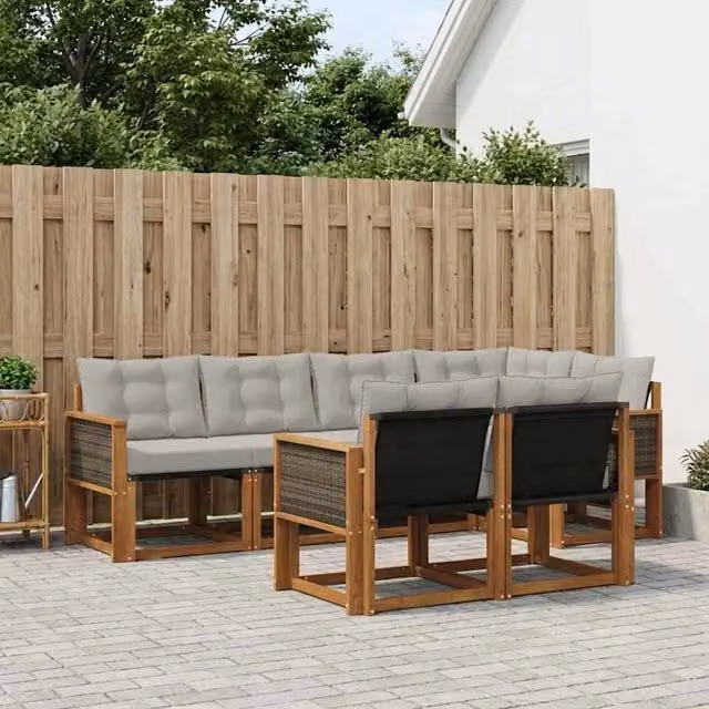 Set di divani da esterno a forma di U vidaXL in legno di acacia e textilene, 7 pezzi, Beige e Grigio