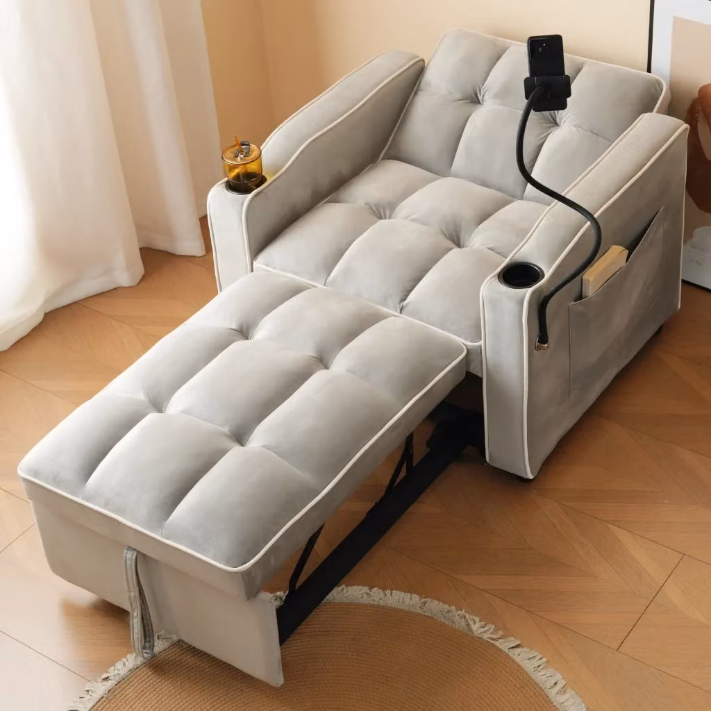 Poltrona letto estraibile 3 in 1 MIVRAY in velluto grigio con schienale regolabile e portabicchieri – 2
