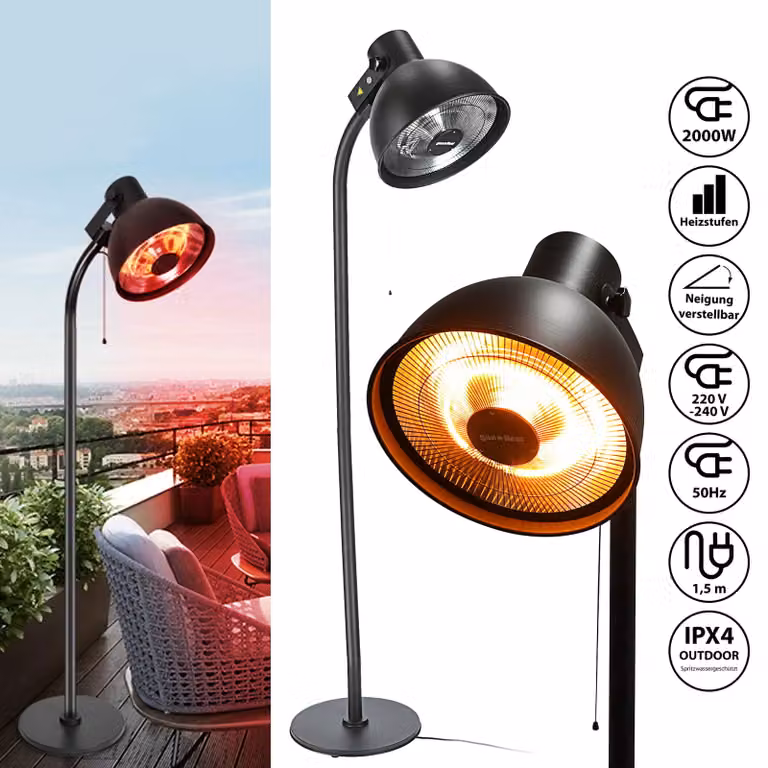 Riscaldatore elettrico con base, ideale per terrazze. Riscaldatore a fungo con lampada alogena, diametro 50 cm, altezza 200 cm, 3 livelli di riscaldamento: 800/1200/2000 W