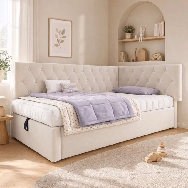 Letto 90x190 cm con contenitore idraulico in velluto beige e testiera reversibile